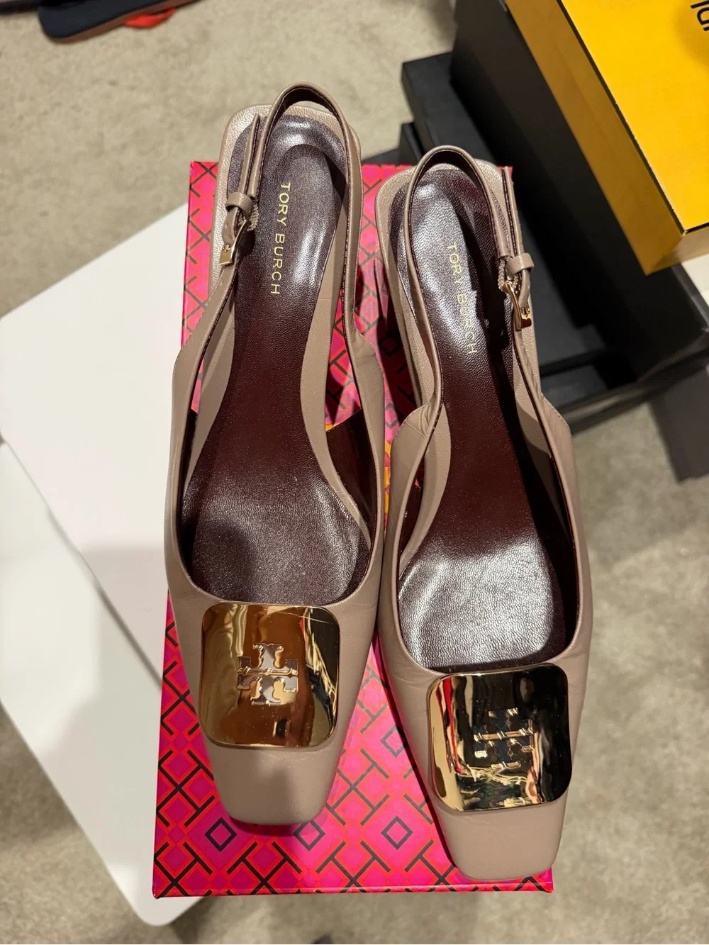 Tory Burch Taupe Leather Slingback Mules with Gold Logo Plate